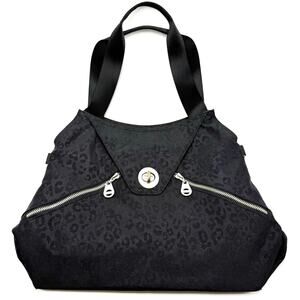 Baggallini Black Leopard Print Purse Shoulder Bag Travel Tote Turnlock Flap